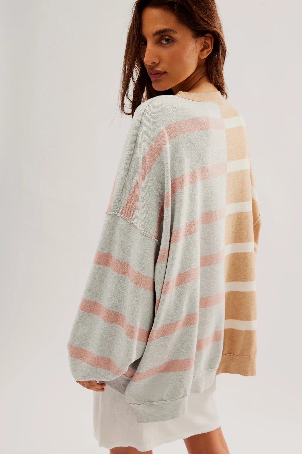 Free People Uptown Stripe Pullover in Camel Grey Combo