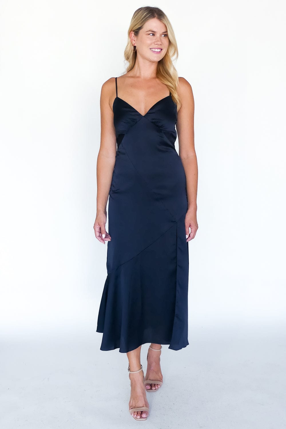Adrienne Satin Tie Back Midi Dress - Small / Navy Adrienne Satin Tie Back Midi Dress - Small / Navy