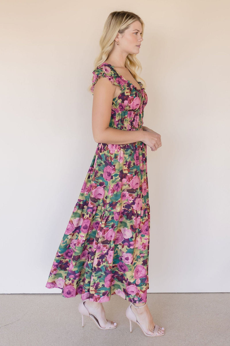 Floral Print Short Puff Sleeve Tiered Shirred Smock Midi Dress