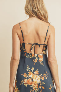 Navy and orange fall floral midi dress with ruffle detailing, plunging v-neckline and thin adjustable straps
