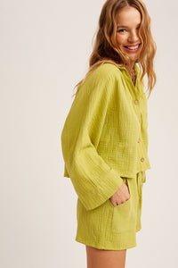 green yellow soft gauze cotton shirt and short set