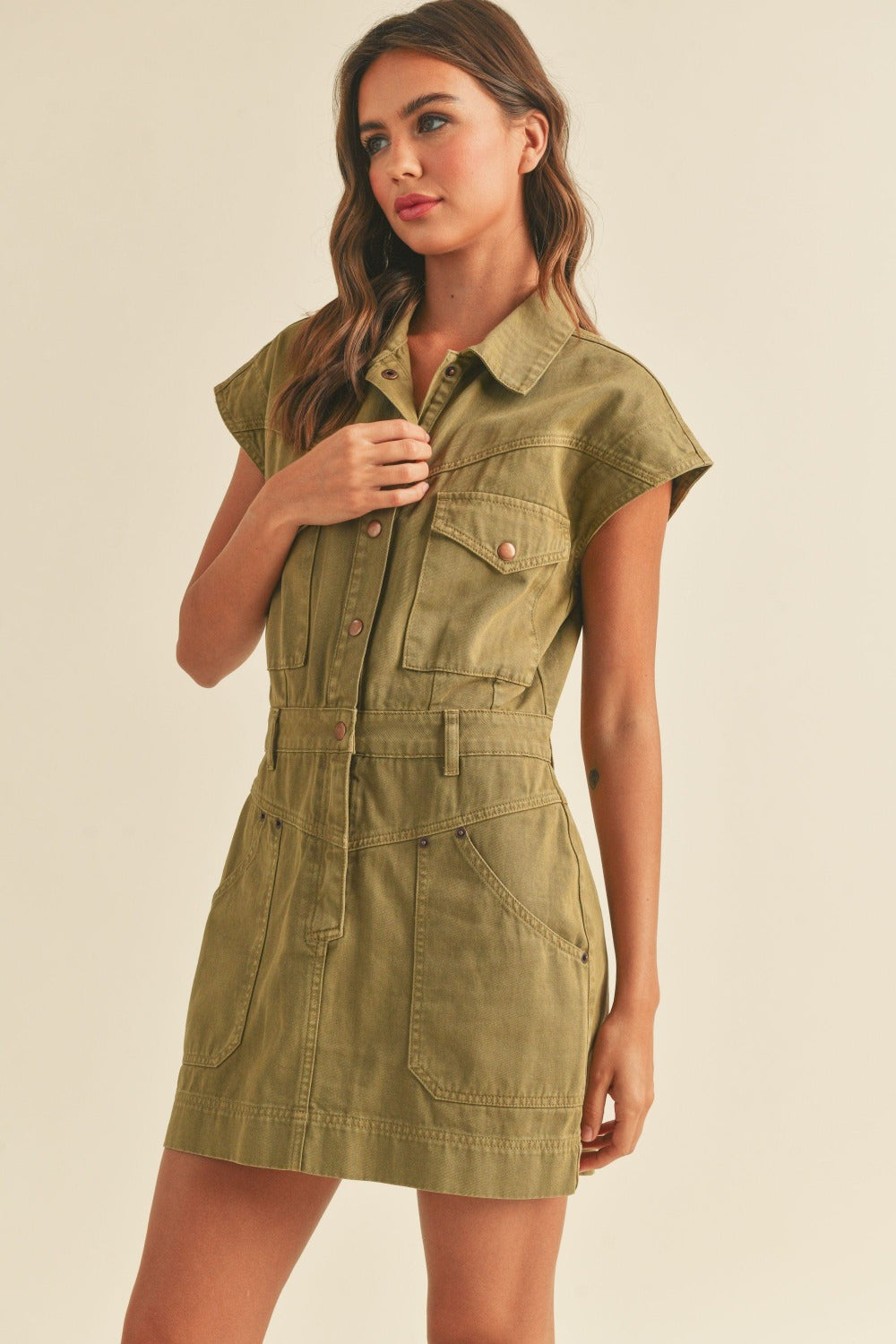Olive green cargo dress mini dress with copper snap buttons