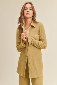 yellow green textured button down and pant set