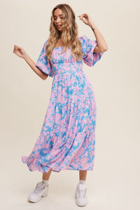 blue and pink floral printed midi dress with puff sleeves