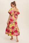 bold pink, yellow and green floral printed midi dress with puff sleeves