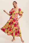 bold pink, yellow and green floral printed midi dress with puff sleeves