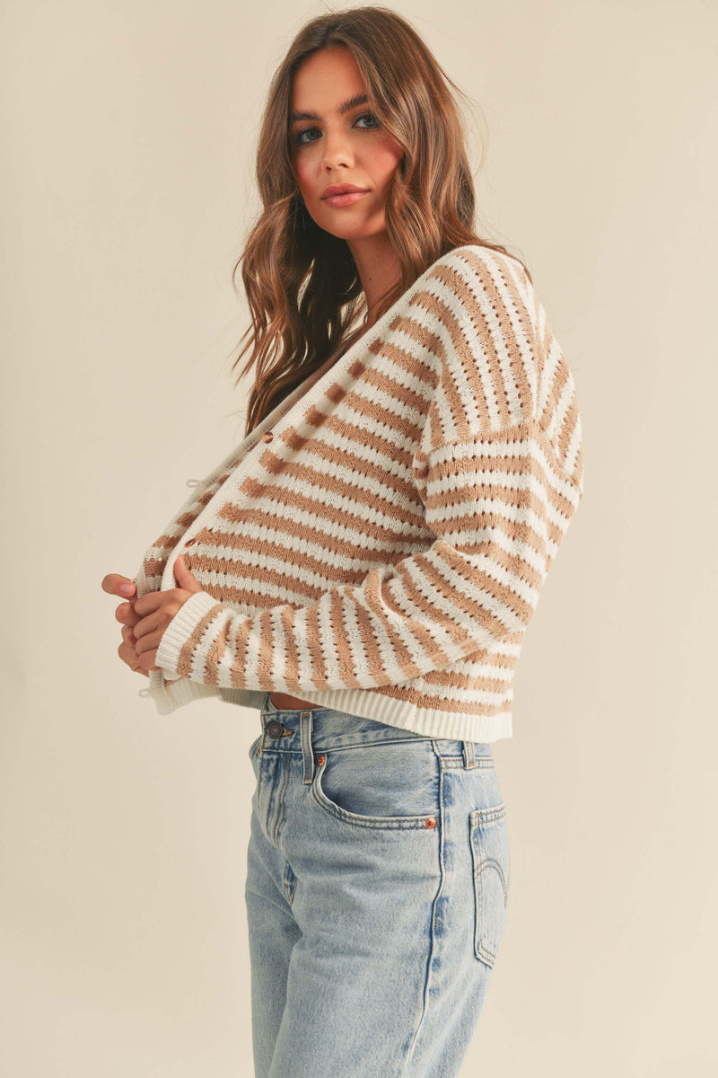 Tan and white striped knit cardigan