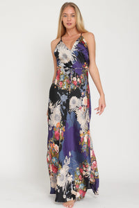 navy floral printed satin maxi with low back and tie waist