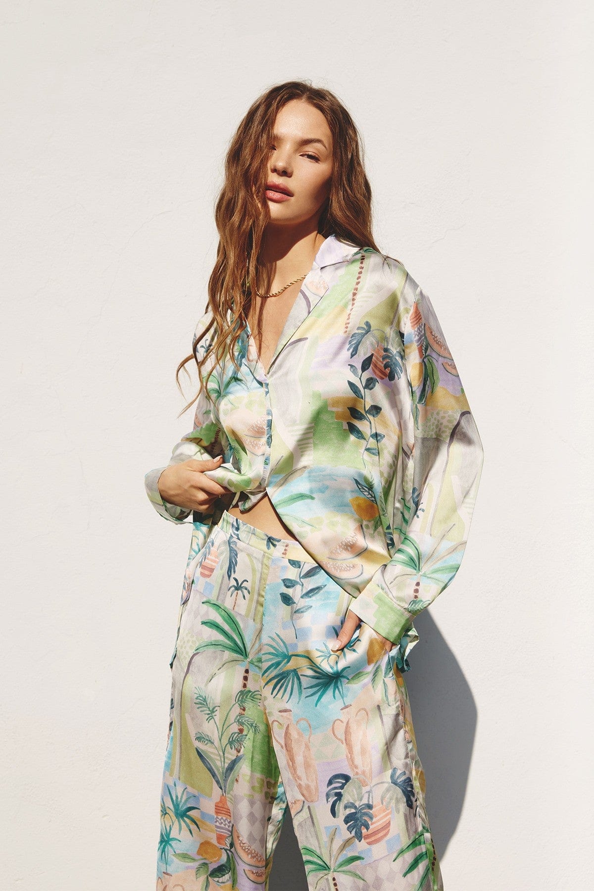 paradise tropical printed satin button down and pant set
