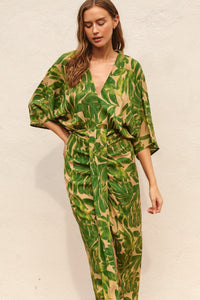 Tropical Palm Kimono Sleeve Midi Dress