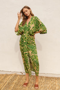 Tropical Palm Kimono Sleeve Midi Dress