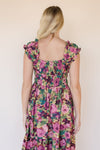 Floral Print Short Puff Sleeve Tiered Shirred Smock Midi Dress