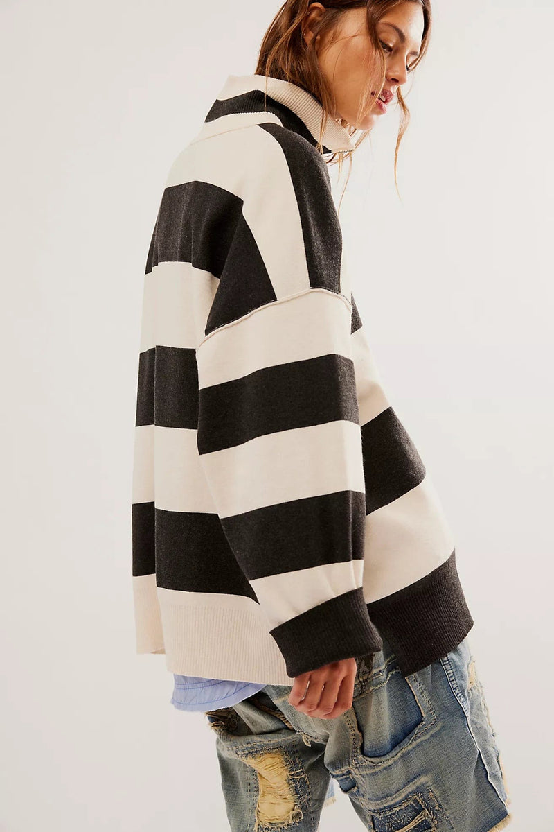 Free People Coastal Stripe Pullover Carbon Champagne