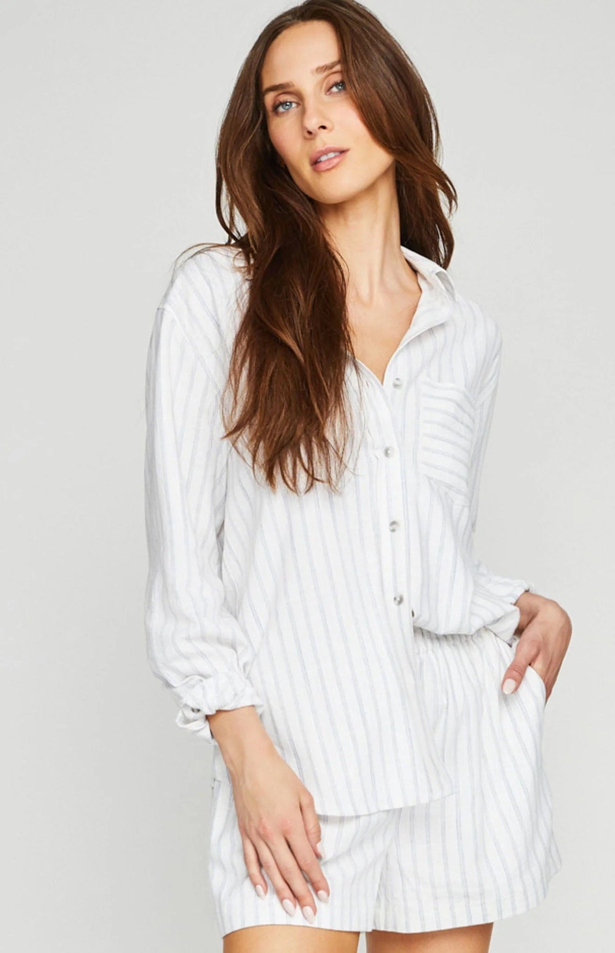 Portia Button Down Shirt in White Stripe by Gentle Fawn