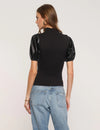 Faux Leather Puff Sleeve and Knit Bodice Heartloom Dany Top in Black