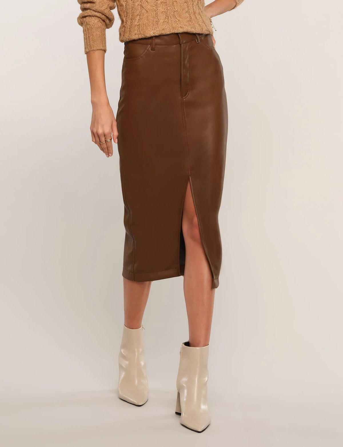 Faux Leather Heartloom Jae Midi Skirt in Mocha Brown