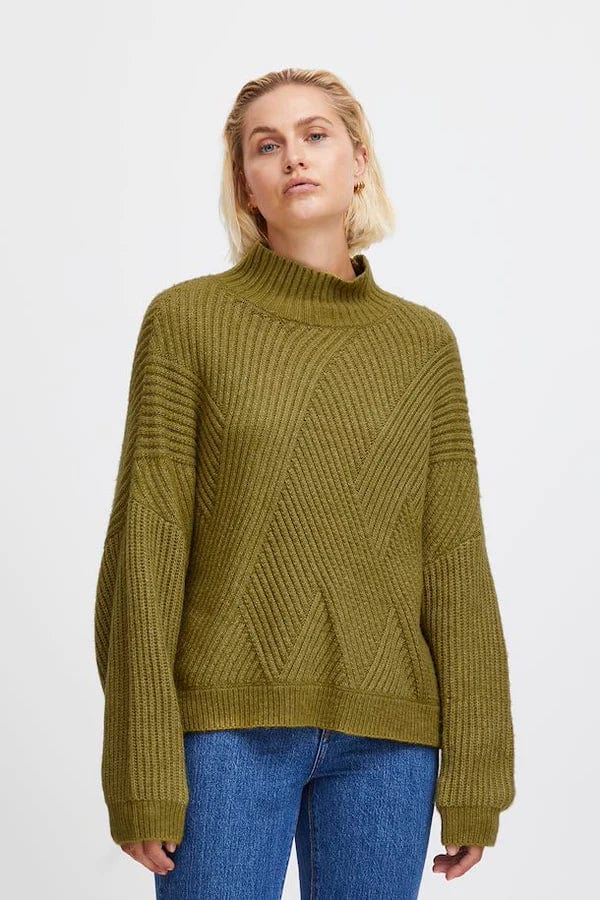 Mylle Ribbed Sweater in Green Moss by ICHI