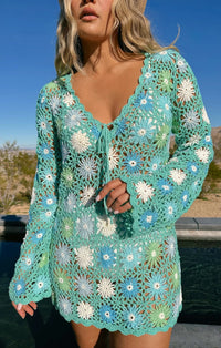 Blue Multi Floral Crochet Vacay Mini Coverup by Show Me Your Mumu