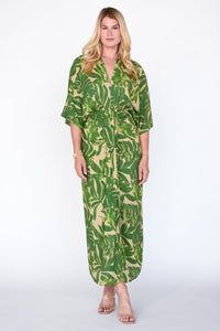 Tropical Palm Kimono Sleeve Midi Dress