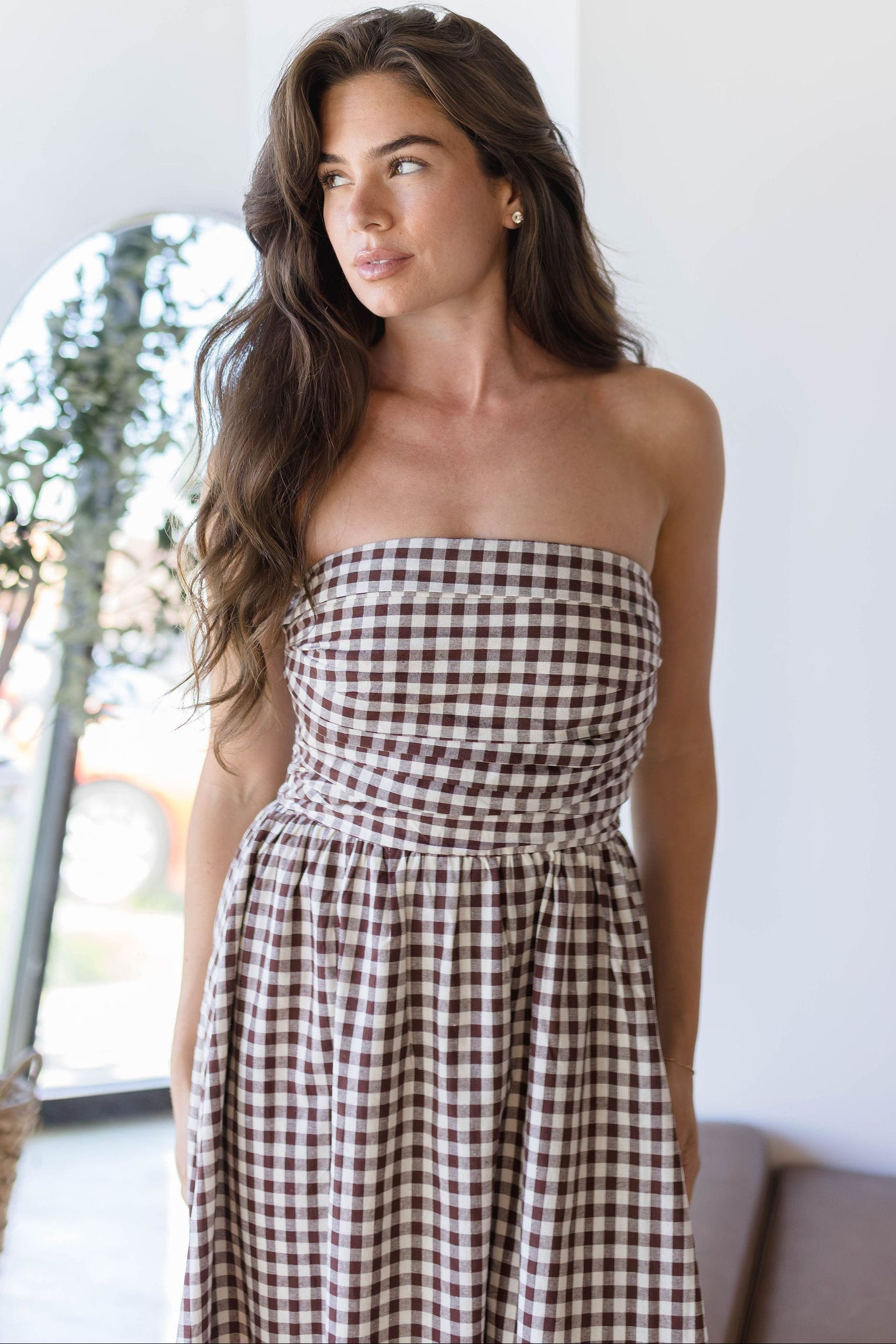 Ashford Strapless Gingham Midi Dress