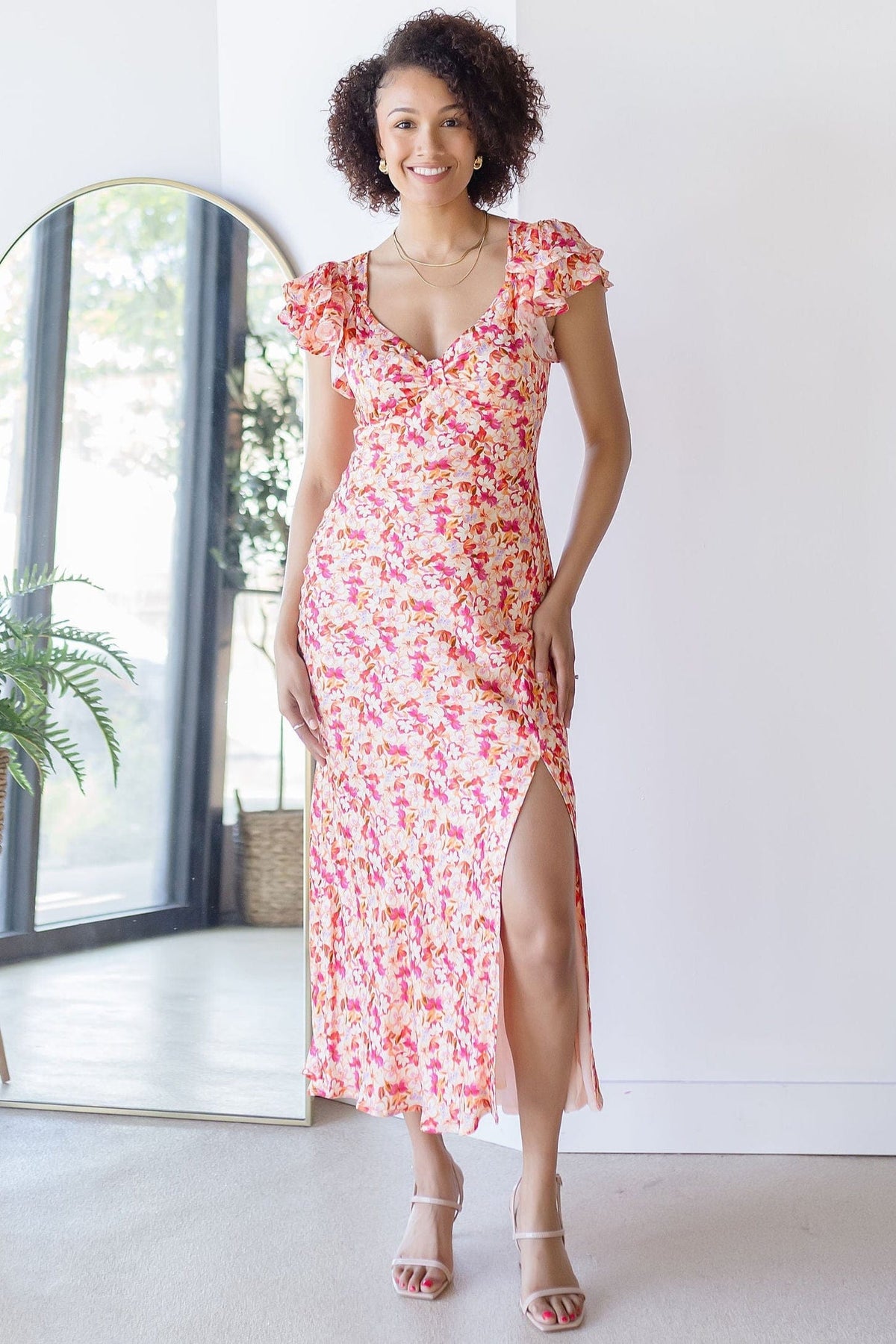 ASTR The Label Maisy Floral Flutter Sleeve Midi Dress Wild Dove