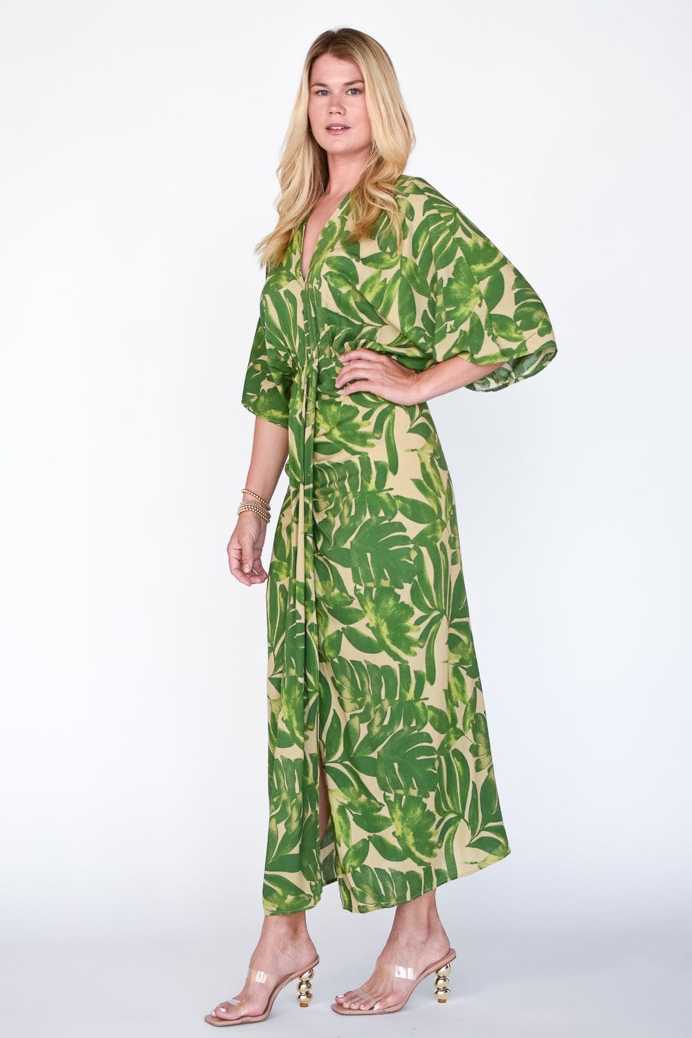 Tropical Palm Kimono Sleeve Midi Dress