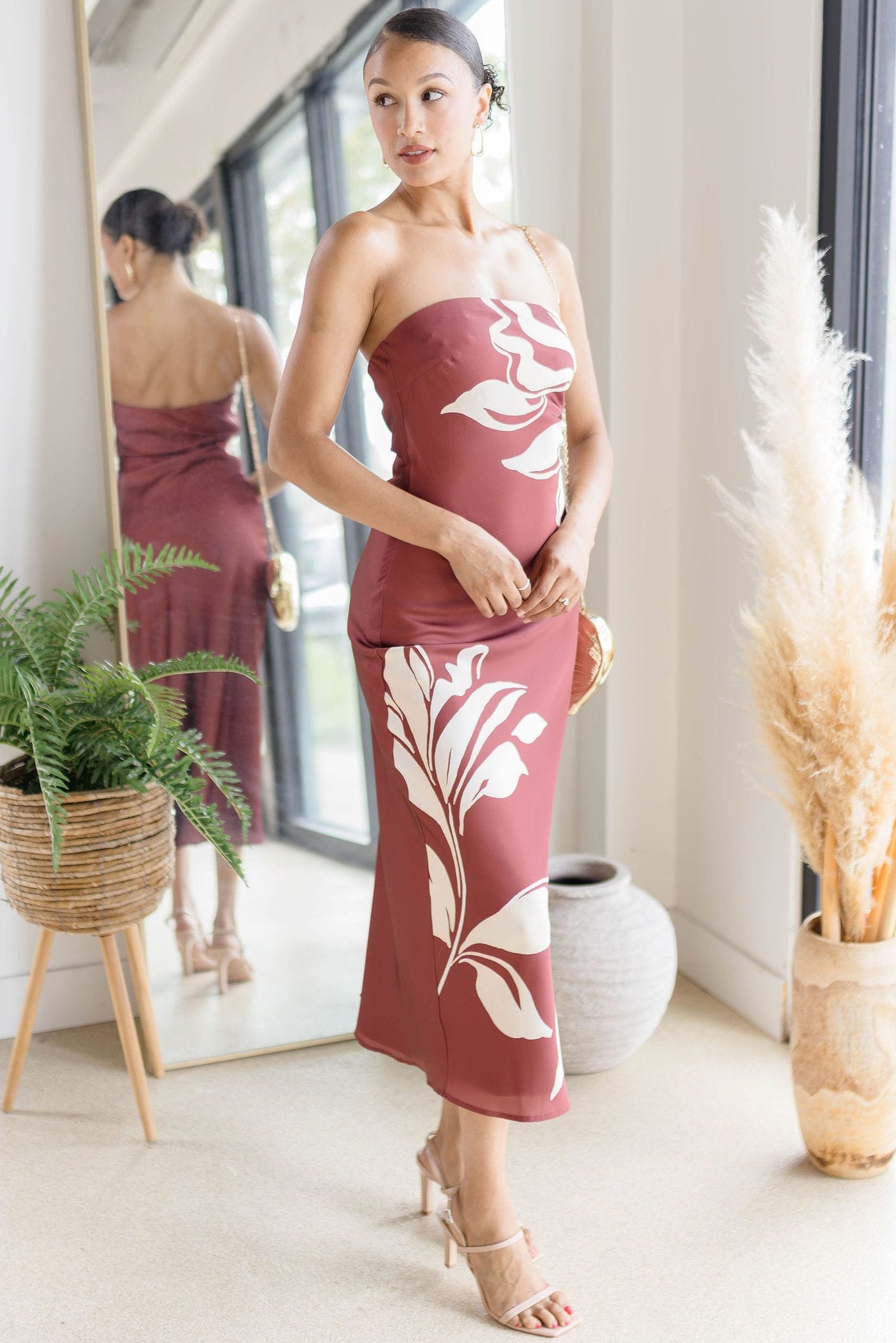 Annabeth Floral Satin Strapless Maxi Dress