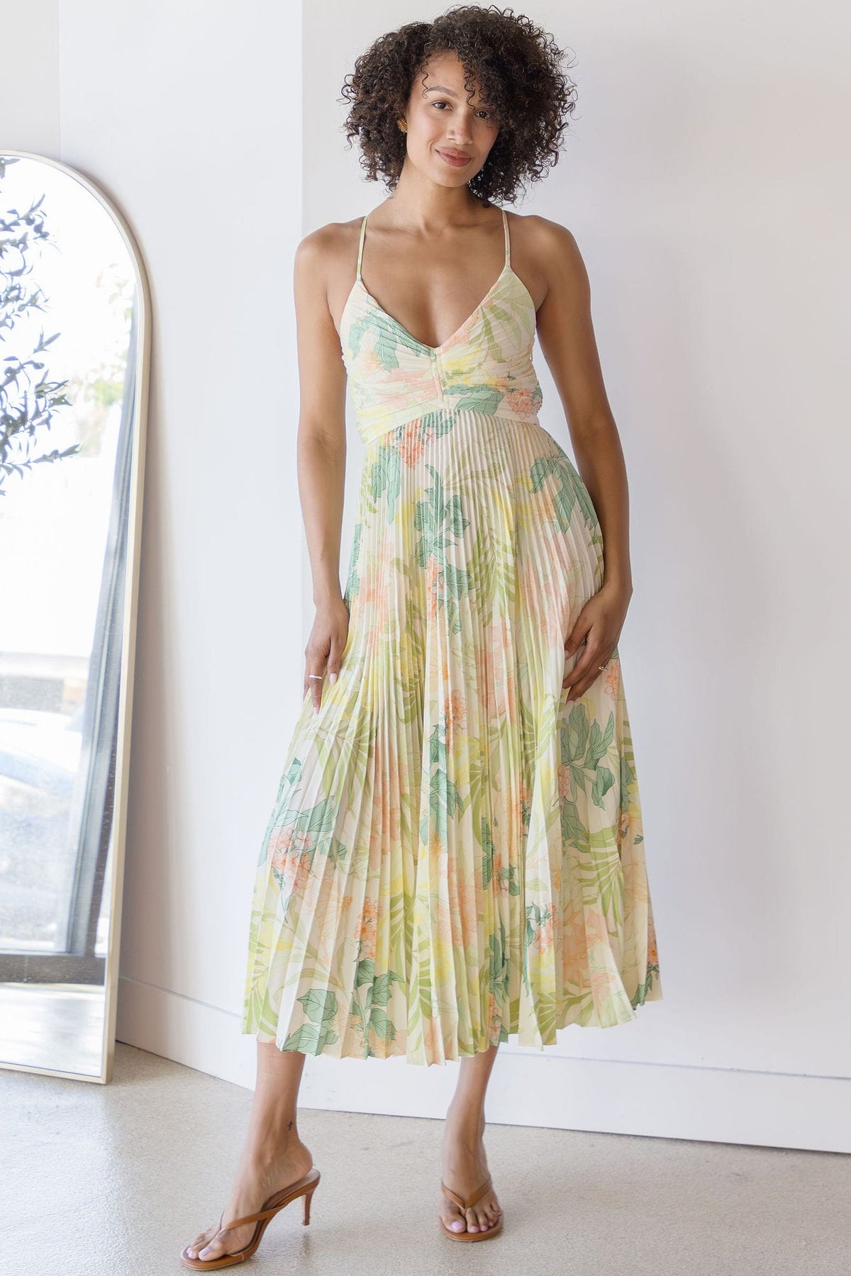 ASTR the Label | Blythe Floral Plisse Midi Dress in Green Peach Tropical