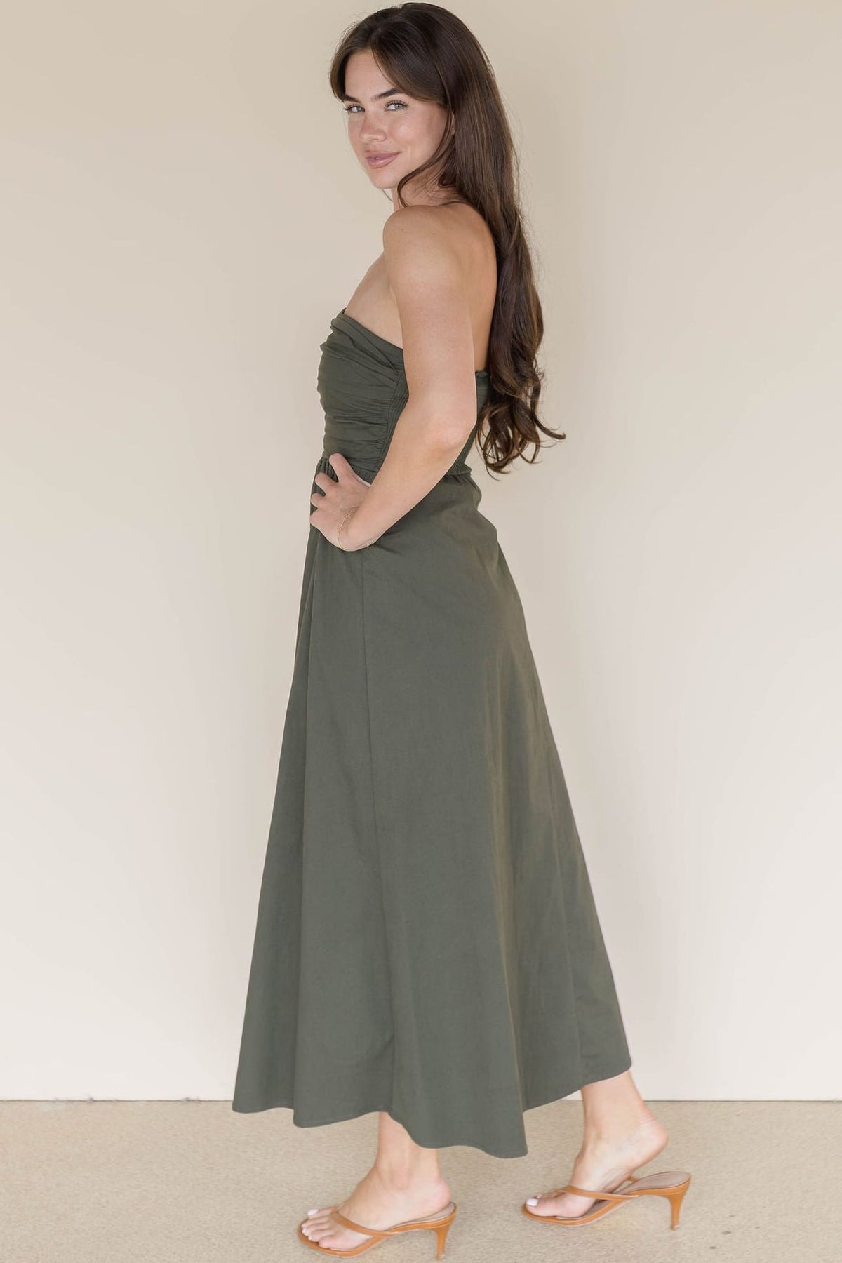 olive strapless midi dress Seriously Sensational Olive Green Strapless Tiered Maxi Dress