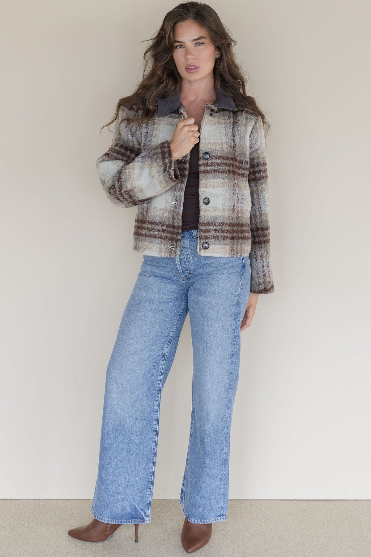 Brushed Plaid Contrast Collar Jacket