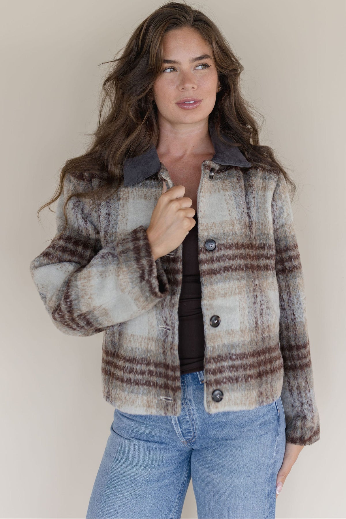 Brushed Plaid Contrast Collar Jacket