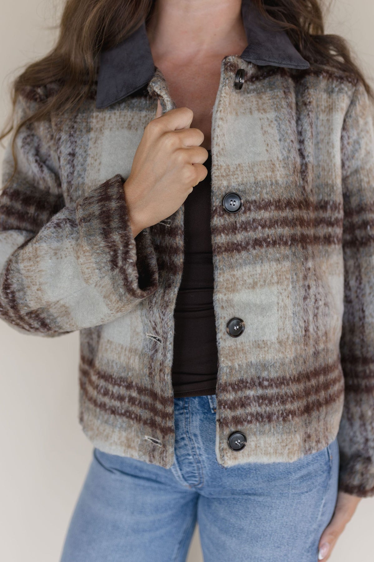 Brushed Plaid Contrast Collar Jacket