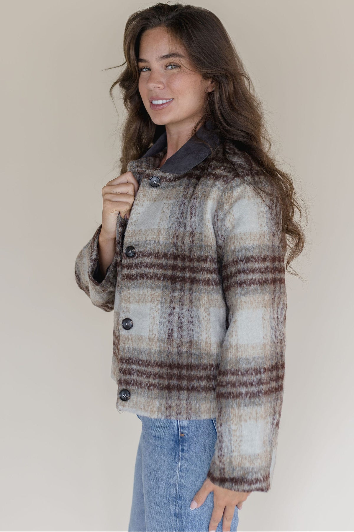 Brushed Plaid Contrast Collar Jacket