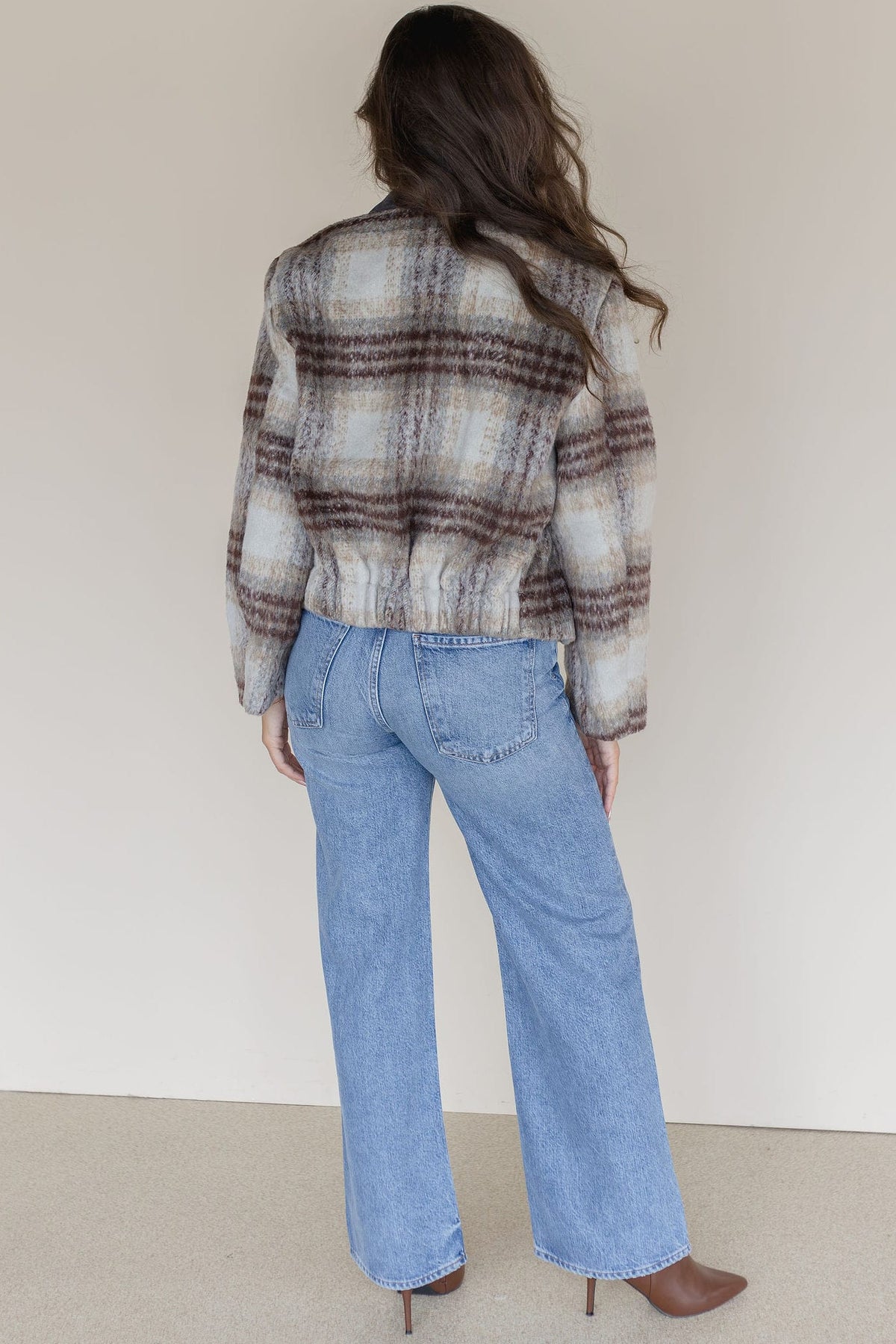 Brushed Plaid Contrast Collar Jacket