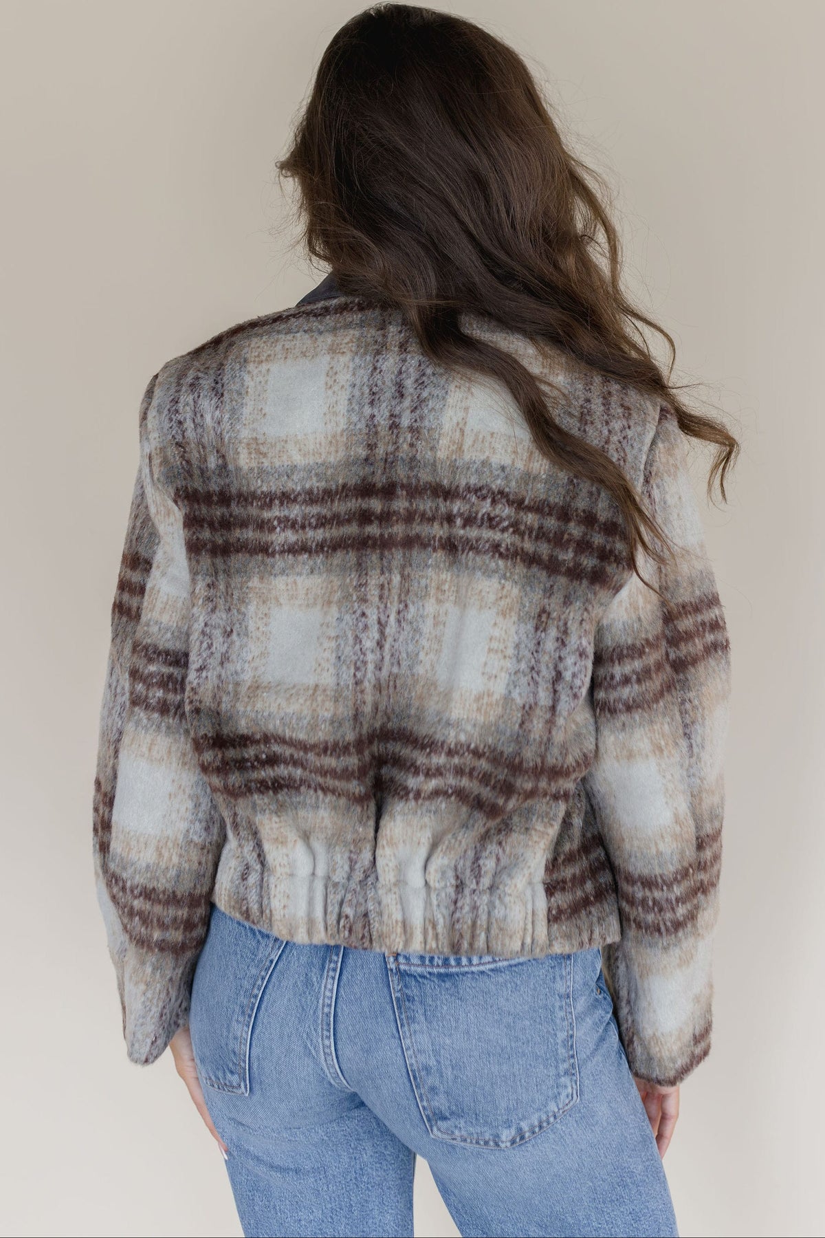 Brushed Plaid Contrast Collar Jacket