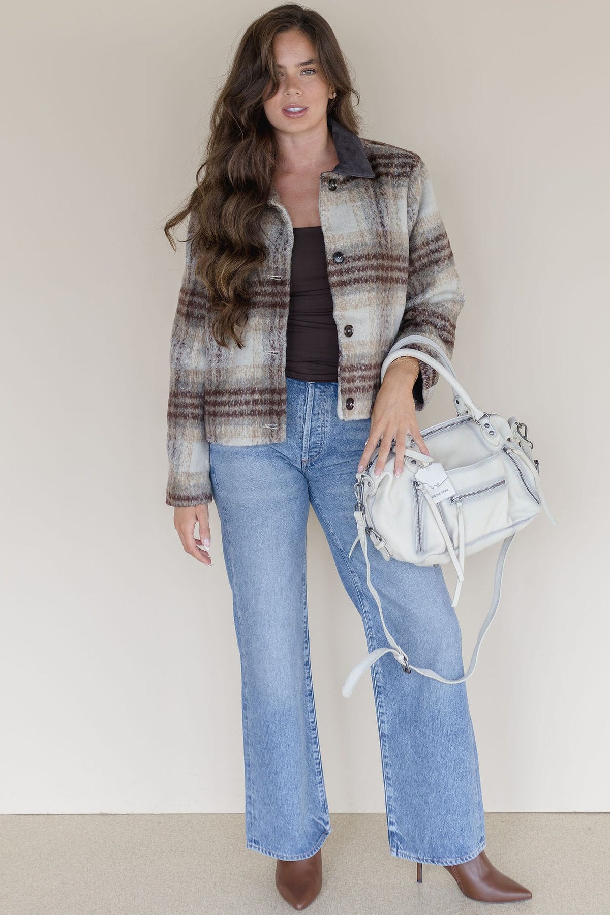 Brushed Plaid Contrast Collar Jacket