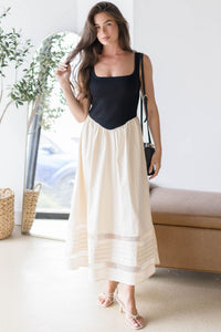 Sheer Insert Cotton Knit Twofer Midi Dress