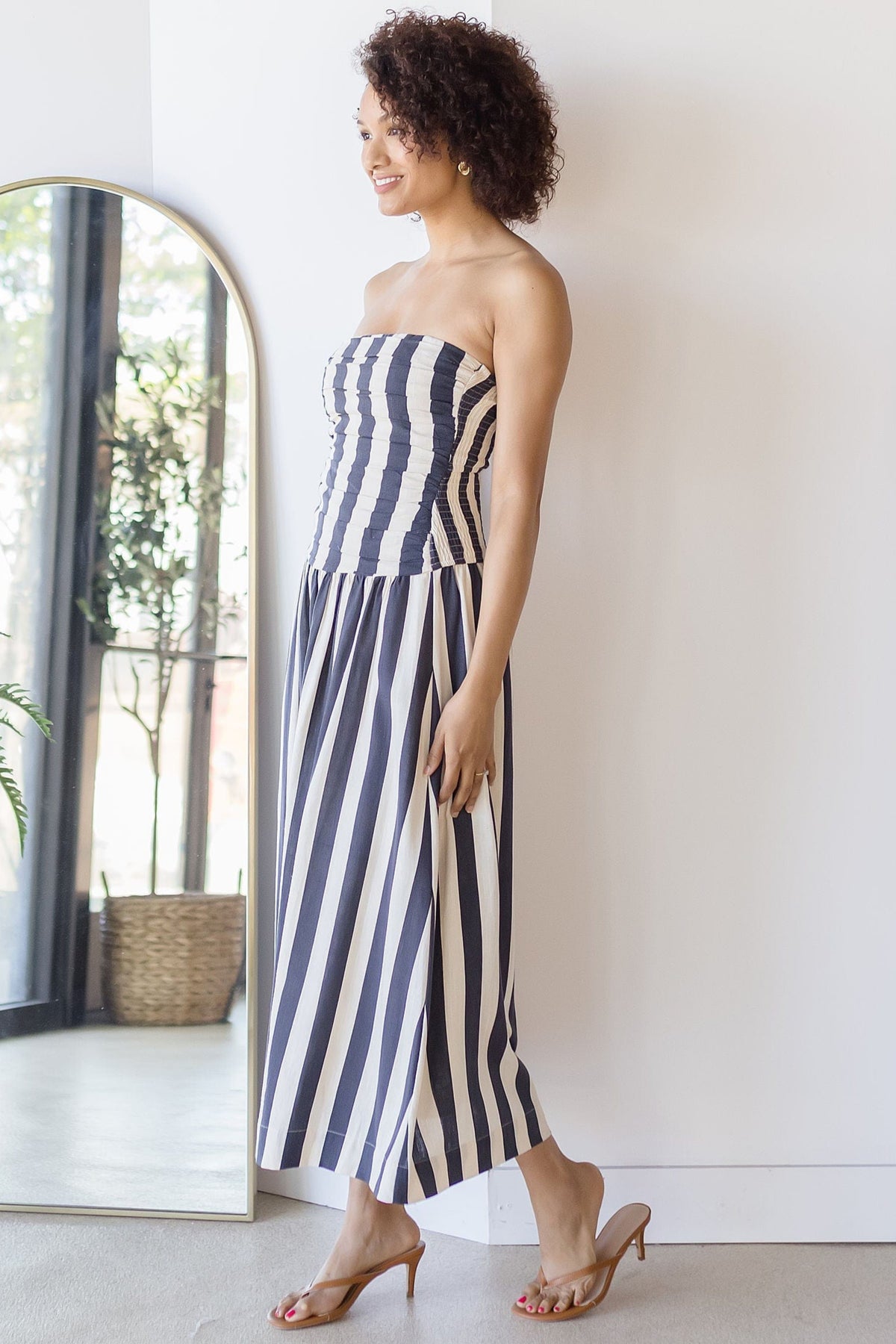 Moon River Tide Lines Strapless Ruched Midi Dress | Wild Dove Boutique