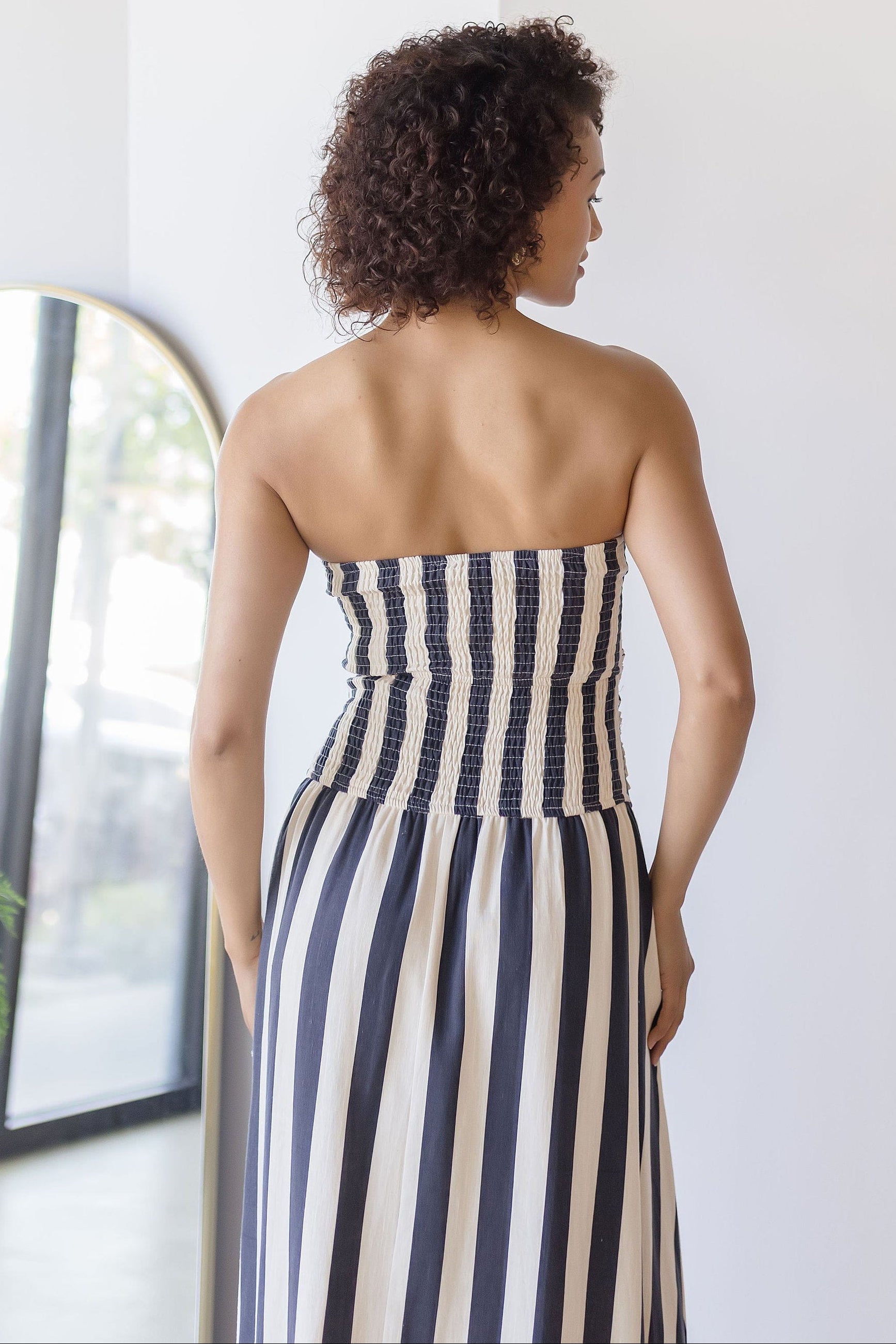 Moon River Tide Lines Strapless Ruched Midi Dress | Wild Dove