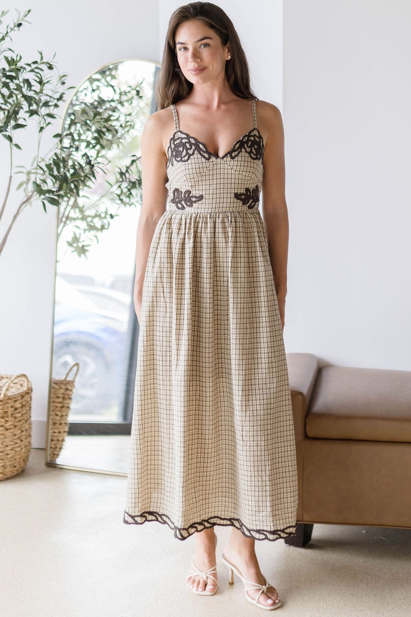 Embroidered Plaid Midi Dress