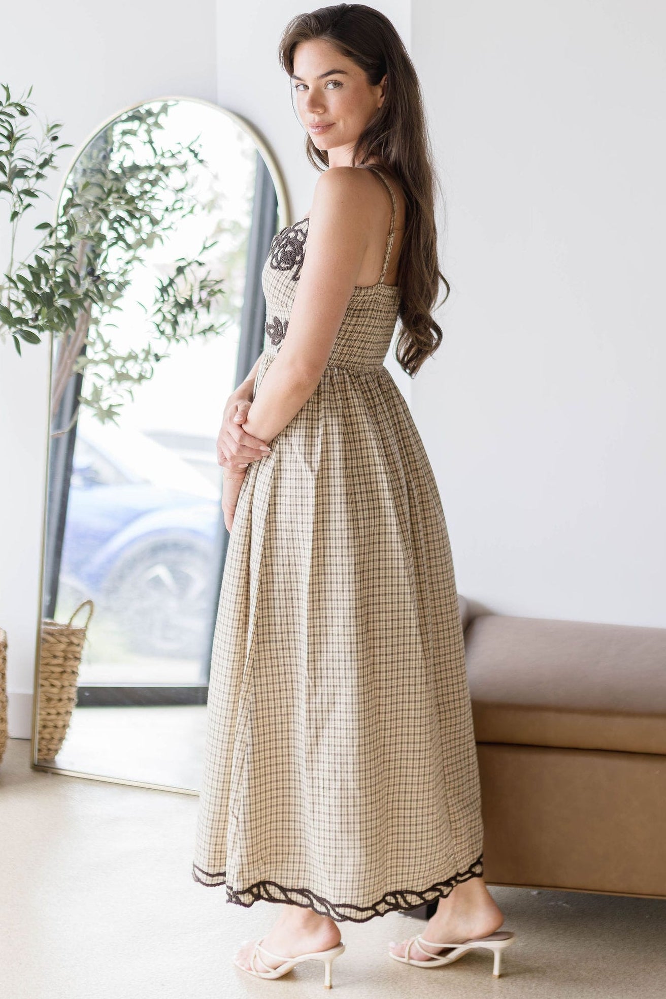 Embroidered Plaid Midi Dress