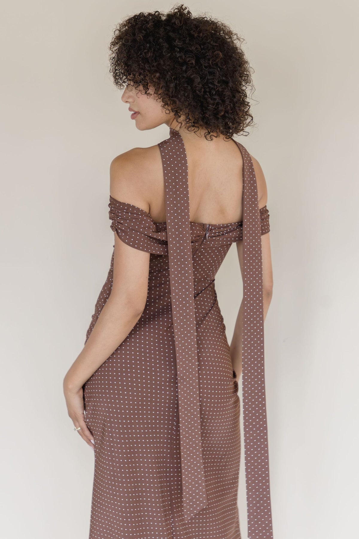 brown polka dot off the shoulder dress Baltic Born Womens Maisie Off Shoulder Maxi Dress | Chocolate + Blush