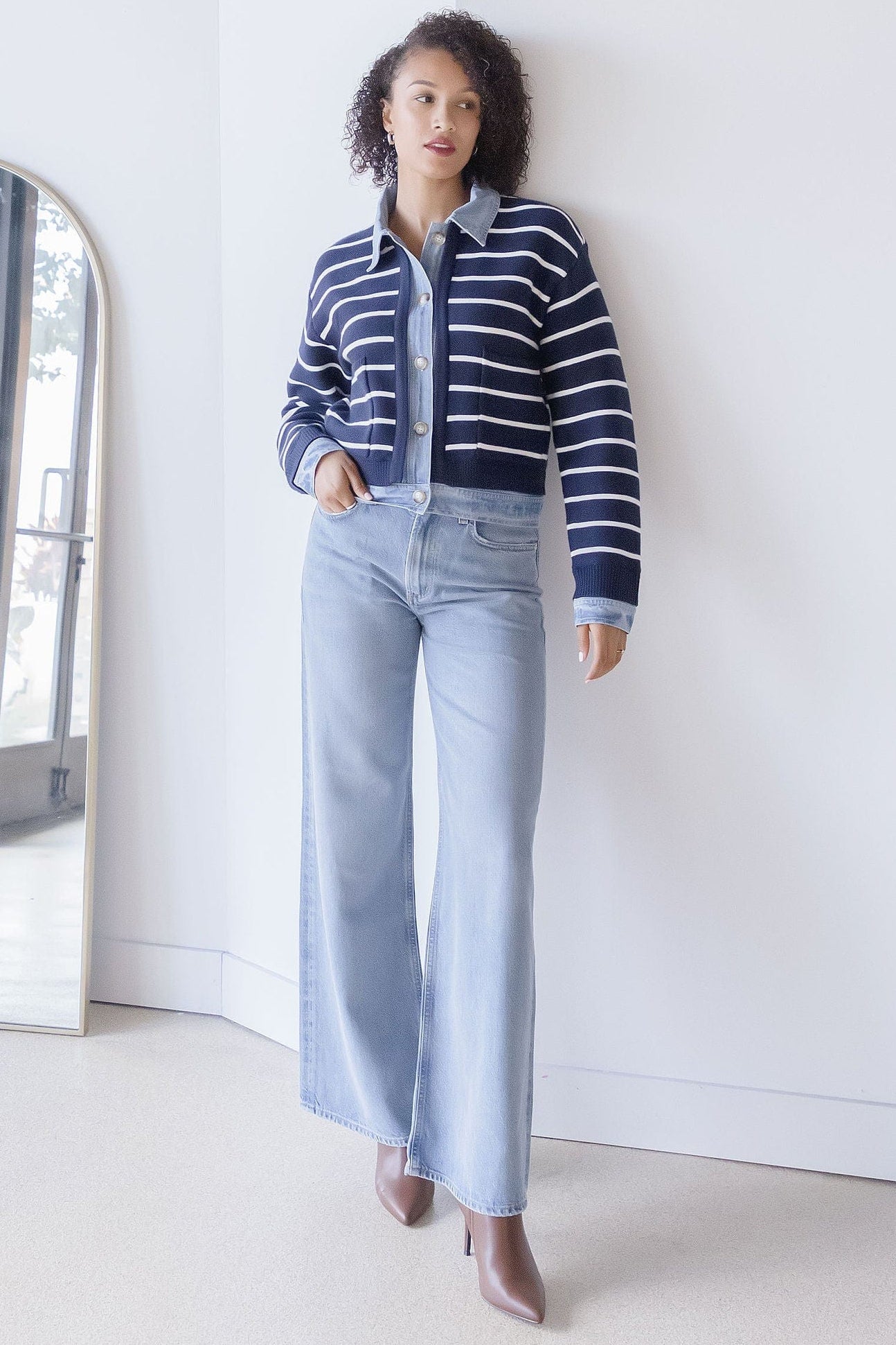 Maribelle Stripe Knit & Denim Cardigan