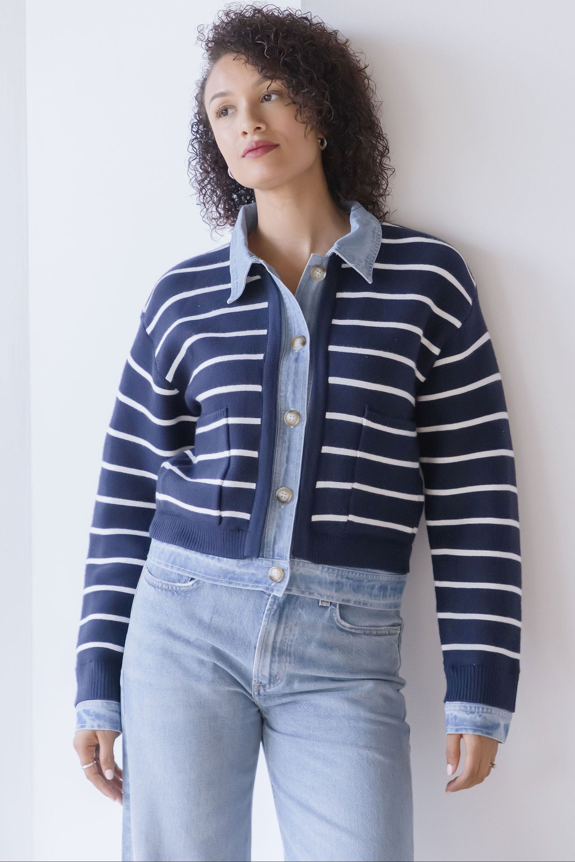 Maribelle Stripe Knit & Denim Cardigan