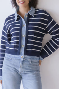 Maribelle Stripe Knit & Denim Cardigan