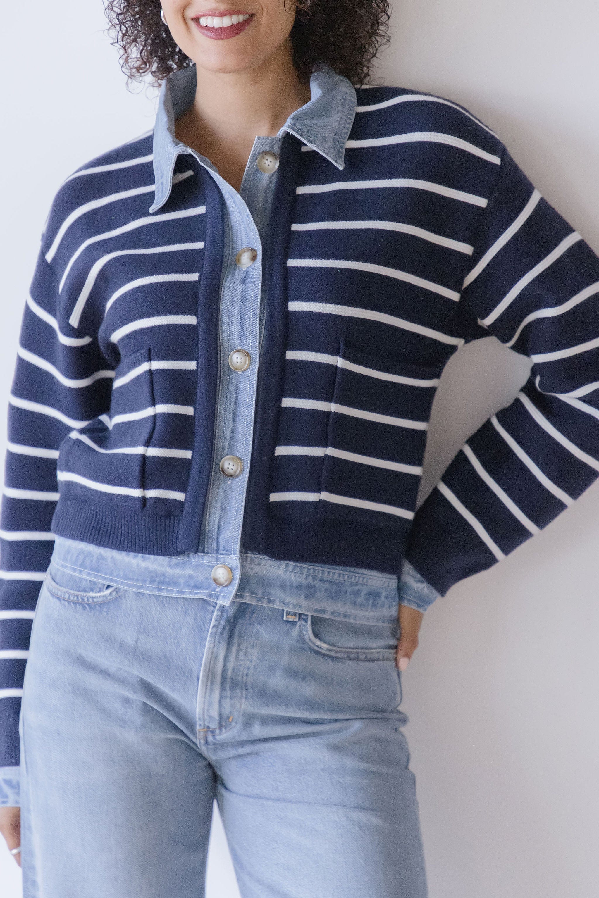 Maribelle Stripe Knit & Denim Cardigan