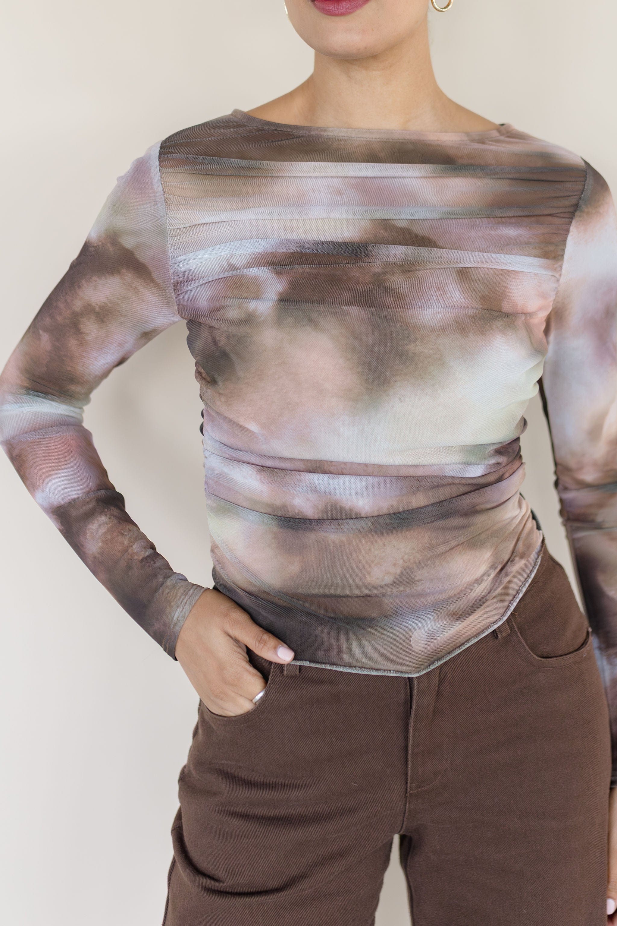 Bronte Ruched Long Sleeve Mesh Top Bronte Ruched Long Sleeve Mesh Top