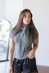 Audrina Short Sleeve Sweater Top With Neck Tie