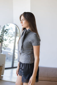 Audrina Short Sleeve Sweater Top With Neck Tie