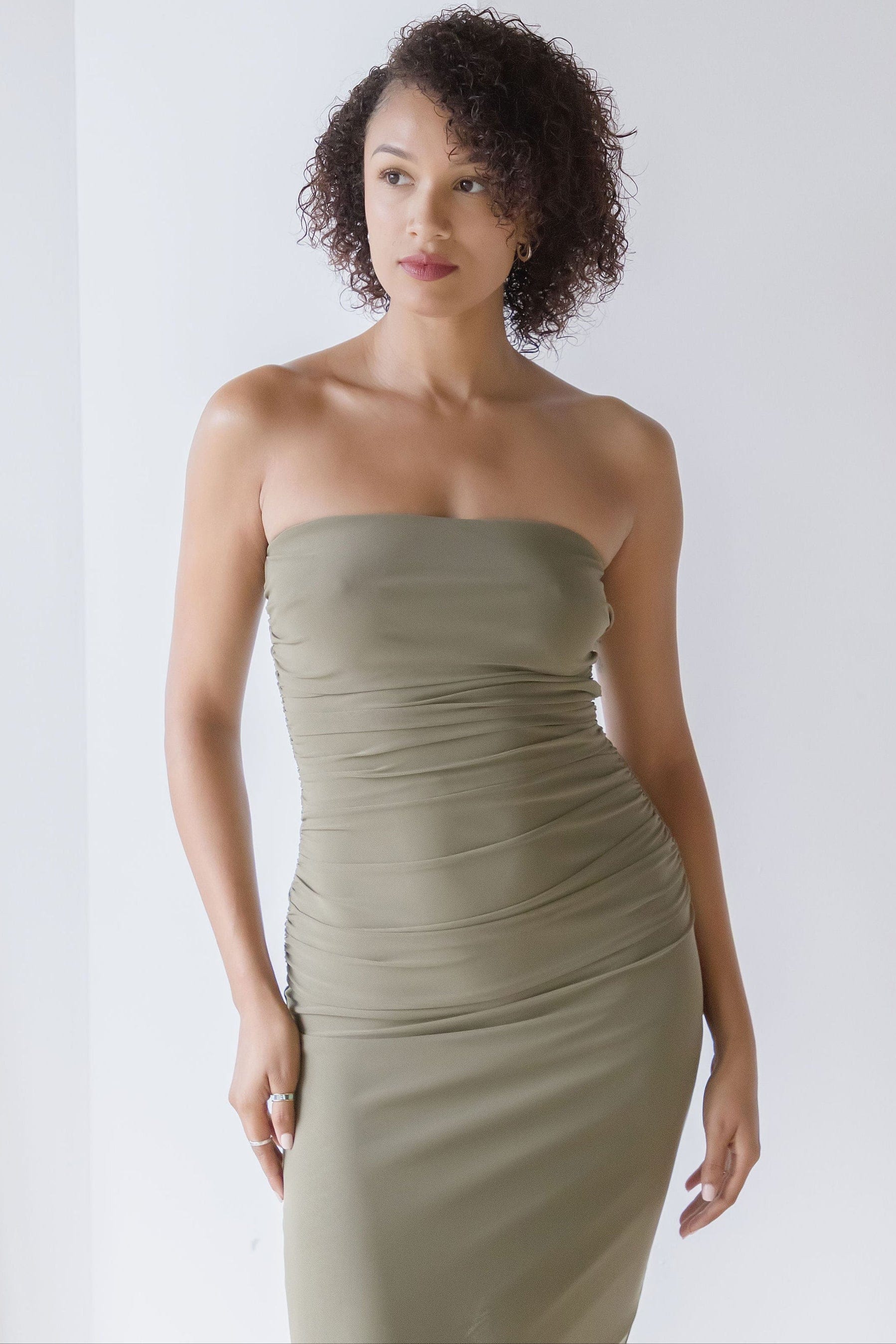 Rosana Strapless Ruched Midi Dress Rosana Strapless Ruched Midi Dress